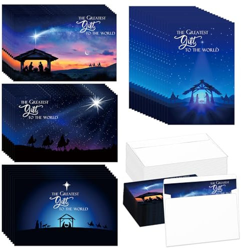 Zhanmai 48 Sets religiöse Weihnachtskarten mit Umschlägen, christliche Karten, Großpackung, das beste Geschenk, Bibelversen, Notizen, Szenen, Karte, Geschenke für Heilige Krippe, religiöse Feiertage,