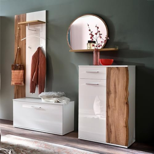 Lomadox Garderoben-Set 5-teilig mit Garderobenbank in weiß Hochglanz | Moderne Flurgarderobe mit Wotan Eiche