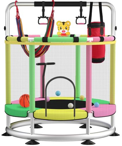 Trampoline pour enfants, trampoline réglable en T avec panier de basket-ball, 200 kg, base ronde anti-retournement, trampoline d'intérieur et d'extérieur avec enclos (vert clair) et rose