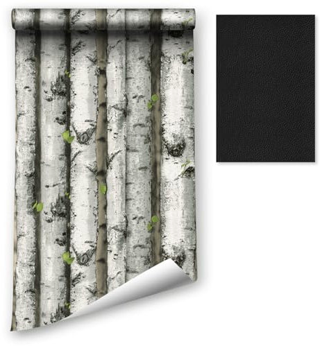 Tapete zum Abziehen und Aufkleben, 44.5x1200CM Birkenwald-Kontakt-Tapete, Landschaft, selbstklebende Tapete, abnehmbare Vinylfolie, Raumwandmöbelverkleidung mit Leder-Reparaturflicken für Sofa-Leder