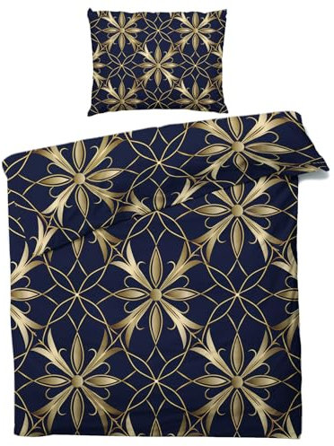 QEODAH Navy Blue and Gold Duvet Cover King Size - Abstract Bedding Set of 3 - Reversible Printed Quilt Cover and 2 Pillowcases - 110gsm Soft Brushed Microfiber Bed Set with Zipper Closure