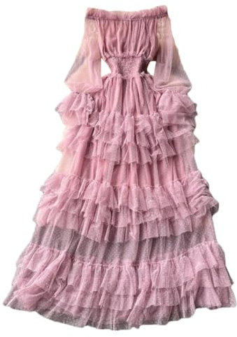 Inzegao Maxi abito da donna in rete con volant in vita elasticizzata senza spalle velate a maniche lunghe in tulle per feste di nozze, Viola chiaro, Taglia Unica