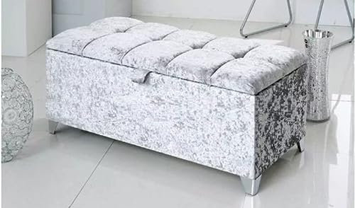 mm08enn Large and Medium Size Ottoman Storage Toy Box in Plush Fabric and Cushed Velvet with Chrome Feet (Silver Crushed Velvet Fabric, Large Size Ottoman)