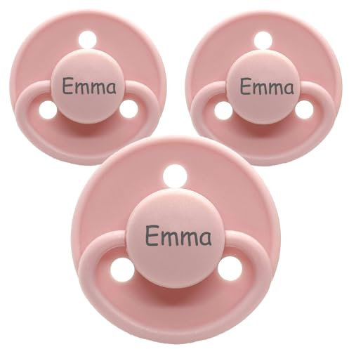 Namensschnuller, personalisiert auf Schnullern von Mininor, Naturkautschuk, Rund. Größe 1, 0-6 Monate, 3 Stück, Schnuller mit Namen, Nuckel, BPA-frei Schnuller, Graviert