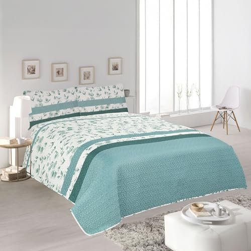 H HANSEL HOME Tagesdecke 100% Mikrofaser 250x260cm Extra weiche mit 2 Kissenbezügen, Bettüberwurf für Einzelbett 140/150160, Frühlings- und Sommerdecke, Steppdecke, überdecke Bett - Grünes Blatt