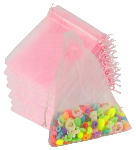 Organza-Beutel, Organza-Beutel, 12,7 x 17,8 cm, 100 Stück, rosa, durchsichtige Netzbeutel mit Kordelzug, kleines Schmuckgeschenk, Süßigkeitenbeutel für Hochzeit, Weihnachten, Geburtstag, Brautparty
