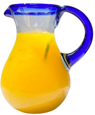 AGAVE'S GLASSWARE Glass Pitcher (84 oz) | Cobalt Blue Rim Glass Water Pitcher | Mexican Glassware | Pitchers for Drinks | Tea Picher Juice Pitcher Lemonade Pitcher (Pera Cobalt Blue Glassware 84 oz)
