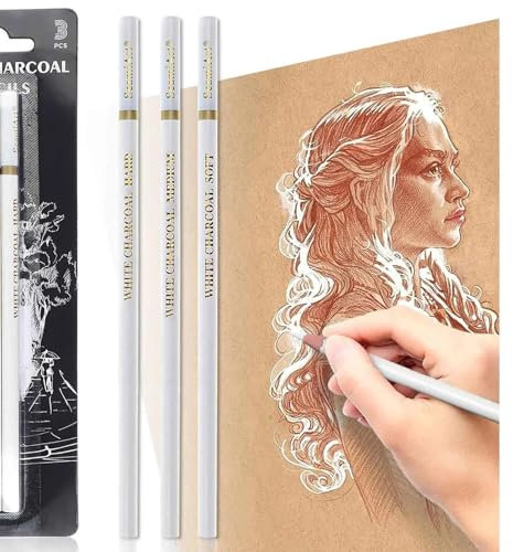 Aczyqws White Charcoal Pencils Drawing, Highlight Sketch White Pencil charcoal for Artists, White Drawing Pencils for Artists Beginner Student Designer, Soft/Medium/Hard White Charcoal Sketch Pencils