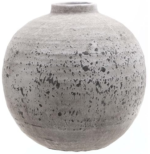 Huge 28cm Round Stone Ceramic Vase - Shabby Chic Style - Cream Grey