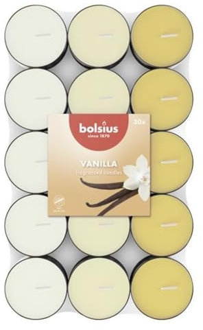 Bolsius - 30 Bougies Chauffe-Plat Parfumées – Vanille - Durée de Combustion de 3.5 Heures - Diamètre 38 mm - Extraits Naturels - Contient de la Cire Végétalienne - Sans Huile de Palme