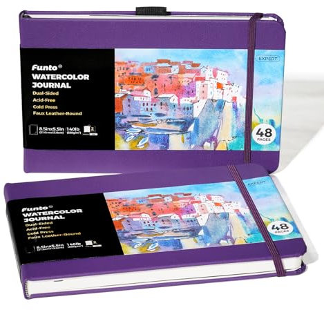 Funto Aquarell-Tagebuch, A5(21,6 x 14 cm), 2er-Pack, je 48 Seiten, lila Ledereinband, kaltgepresst, innere Papiertasche, Künstlerbedarf für gemischte Medien