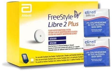 Freestyle Libre 2 Plus Glucose Monitoring Sensor (1 Sensor) - Real-Time CGM for Diabetes Management, Waterproof, with Free Alcohol wipes