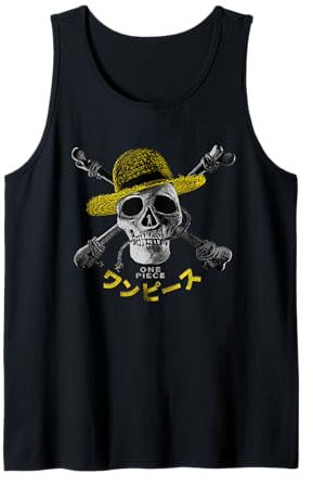 Luffy One Piece Chapeau de paille avec logo pirate Tête de mort et os croisés Débardeur