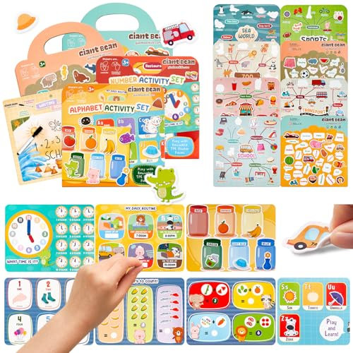 Giant Bean 4 Stück 3D Wiederverwendbare Stickerbüch für Kinder 1-3 jährige, Aufkleber für Kinder, Immer Wieder Stickerbuch ab 2 jahre Jungen, Mädchen Geschenk, Kindergeburtstag Party Zubehör