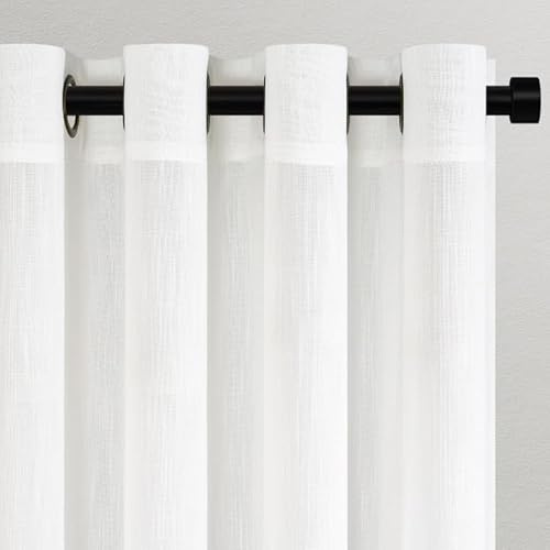 Topfinel Gardinen Weiß leinenoptik Vorhänge Wohnzimmer Modern mit Ösen Voile Vorhang Halbtransparent Ösenvorhang für küche Wohnzimmer Kinderzimmer 2er 140x225 cm