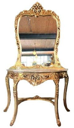 CasAmin Home & Living Deluxe Console de table et miroir style baroque rétro avec plateau en marbre beige fait à la main en bois aspect doré