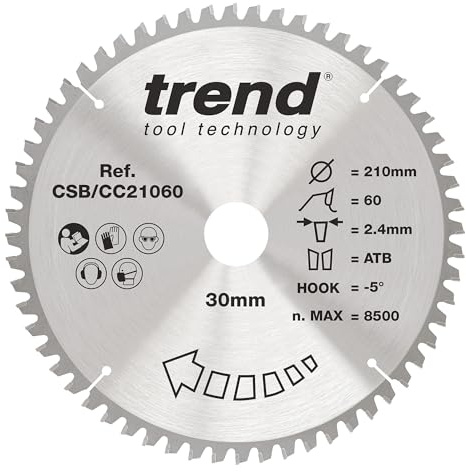 Trend 210mm 60T TCT Wood Mitre Saw Blade, 30mm Bore, Extra-Fine Finish | Fine-Cut TCT Blade For Wood Mitre Saws, 60 Teeth And 2.4 mm Kerf For Smooth Finishes, CSB/CC21060