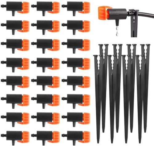 Kalolary Gotero de riego ajustable 30P con estacas de sujeción 30P, sistema de riego por goteo adecuado para mangueras de 1/4 pulgadas, adecuado para jardín, césped, plantas, suculentas y riego de
