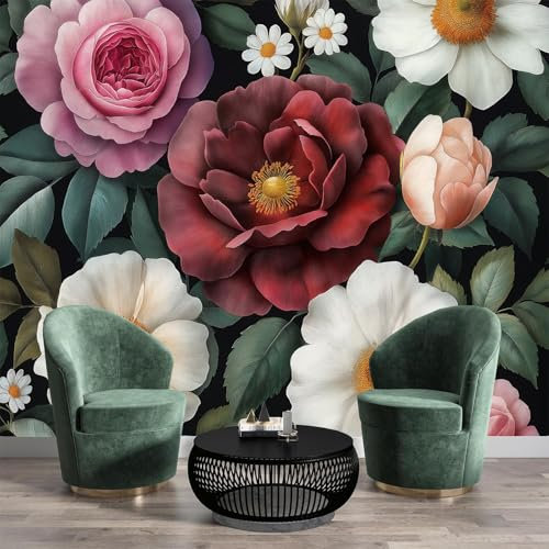 Papel Tapiz Para Sala Estar,Flores vintage Papel Tapiz Vertical Seda 3D,Mural Pared Paisaje rosas de acuarela Patrón 3D,Transpirable Pared Fotomural Papel Tapiz Salon Cocina 400 x 280 cm