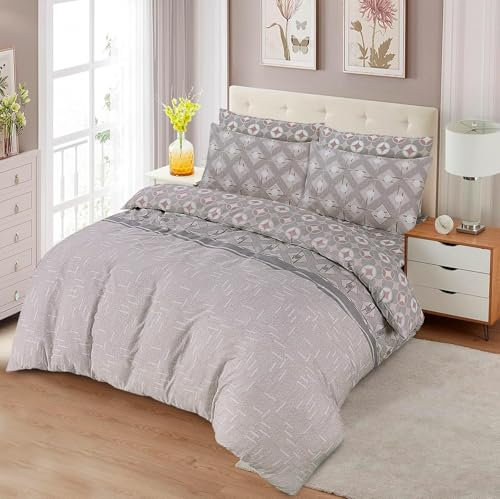 Wear & Snug Set copripiumino per letto matrimoniale, in microfibra spazzolata di alta qualità, 3 pezzi, ultra morbido, ipoallergenico, con stampa, reversibile, set di biancheria da letto (grigio
