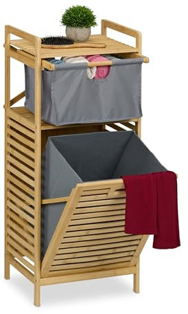 Relaxdays Wäschekorb, kippbarer Wäschesammler, 30 Liter, Ablage & Schublade, Bambus, Stoff, HBT: 95x40x33 cm, Natur/grau