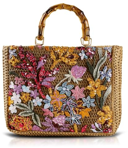 QTKJ Tragetasche für Damen, einzigartige bestickte Patchwork-Strohtasche mit Bambusgriff, quadratische Strandtasche für wichtige Anlässe, Arbeit, Reisen (Stil 1), farbe, Einheitsgröße