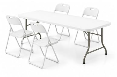 Jardin202 - Mesa Plegable Rectangular 180x70x74cm Catering | Mesa Resina con Patas de Acero Plegable para Eventos y terrazas | + 4 Sillas (Blanca)