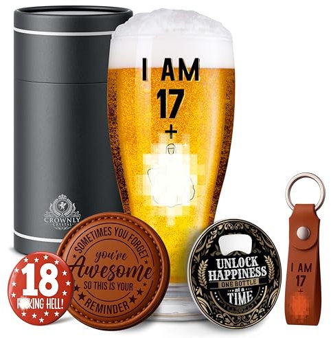 CROWNLY CRYSTAL® Bierglas mit Gravur Personalisiertes Geschenk zum 18. Geburtstag für Männer Junge Geburtstagsgeschenk Deko Karte