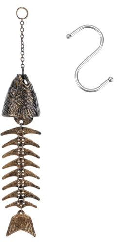 PH PandaHall Windspiel Mit Fischskelett 33cm Eisen Fischgräten Windspiel Fisch Vintage Metall Dekoration Tür Hängeglocken Für Außenbereich Haus Garten Hof Dekoration Geschenk Halloween Antik Bronze