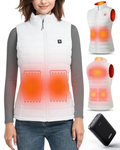 UNBON Beheizbare Weste Damen, Heizweste Damen mit Powerbank USB 10000mAh, Beheizte Weste mit 3 Einstellbare Temperaturen 6 Heizzone, Wärmeweste mit Akku USB, Beheizbare Jacke Heizjacke, Weiß, S
