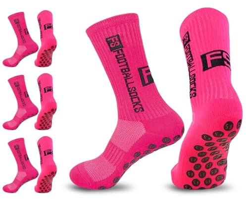 Ancuioyz 3 Paare Football Socks, Fußballsocken, Grip Socken Fussball, 39-46, Fußball, Basketball, Laufen, Radfahren (Rosenrot)