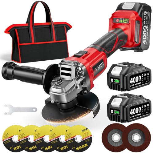 Avhrit Meuleuse d'angle sans fil 21 V, 10 000RPM Disqueuse Sans Fil, 2x Batteries 4.0Ah, moteur sans balais, 3 vitesses, protection à serrage rapide, pour une coupe et un meulage précis