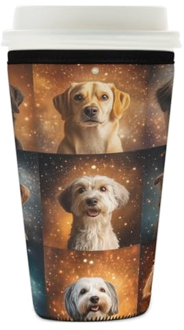 Myfsucce Wiederverwendbare Neopren-Eiskaffeehülle mit Hunden, Sternenhintergrund, Collage-Druck, 2 mm dick, 740 ml - 800 ml Größe