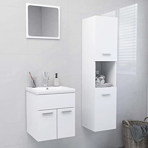 Bucmath Badmöbel-Set Weiß Holzwerkstoff, 4-teilig, mit Waschbeckenunterschrank, Hochschrank, Einbaubecken, Spiegel, modernes Badezimmer Möbel-Set, Keramik Waschbecken, inklusive Wasserhahn