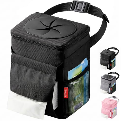 Lifewit Car Bin with Lid, Hanging Trash Bag with Tissue Holder, Black | Portable Car Bin with Adjustable Straps and Pockets, Leak-Proof Dustbin with Liner for Camping, Travel, Outdoor