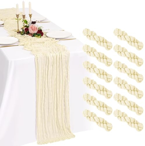 12 Pack Beige Käsetuch Tischläufer 10FT Boho Gaze Käsetuch Tischläufer Abwaschbar Romantische Rustikale Tischdekorationen für Hochzeit Party Geburtstag Feiertag Zuhause(55x300cm)