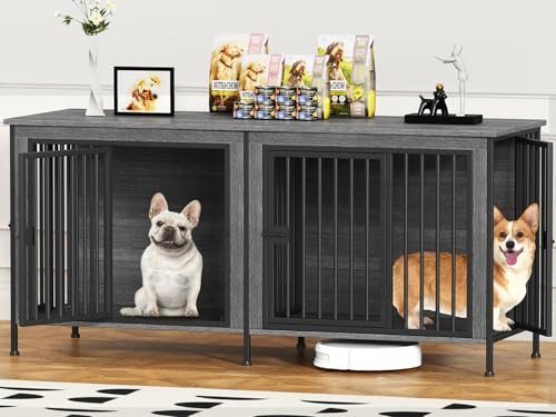 AMLANCHER 160cm Large Dog Crate Furniture for 2 Dogs, with Removable Divider & 4 Doors, Wooden Indoor Dog Kennel for Medium/Small Dogs, Doubles as Side Table & TV Stand, 160 x 60 x 70 cm, Dark Grey
