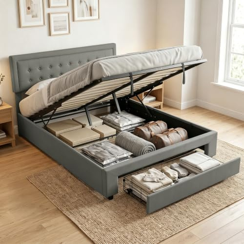 HOMCOM Upholstered Ottoman Bed with Storage Drawer, 5ft King Size, Grey | Adjustable Headboard, Gas Lift End Opening, Wooden Slats, Bed Frame, No Mattress