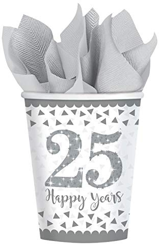 Adult 8 Pack 25th Sparkling Silver Anniversary Paper Cups 266ml