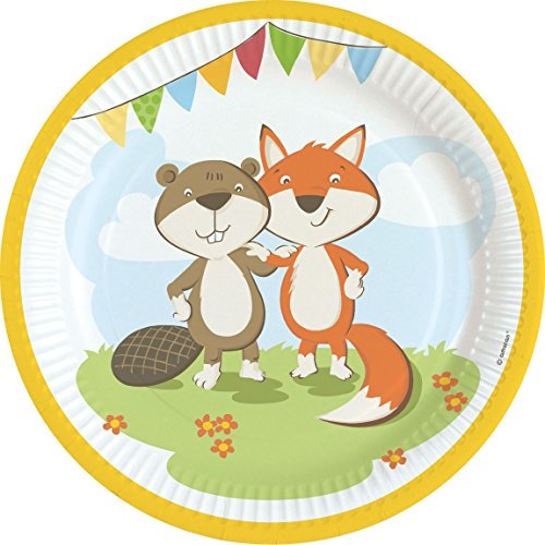 Amscan 9903053 - Teller Fuchs und Biber, 8 Stück, Durchmesser 22,8 cm, Pappteller, Einwegteller