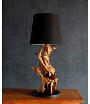 Möbel Bressmer Teakholz Tischlampe IKAL 82 cm - 100% Handarbeit - Lampenschirm: Schwarz - Treibholz Tischleuchte Nature aus Driftwood Treibholzlampe Schwemmholz Unikat