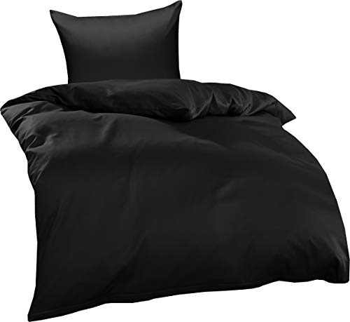 Bettwaesche-mit-Stil Mako Interlock Jersey Bettwäsche Garnitur Uni/enfarbig 100% Baumwolle 135x200 + 80x80 cm, Schwarz
