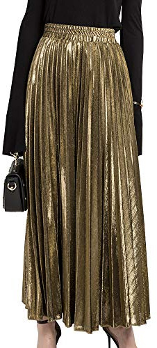 Faltenrock Maxi Damen Langer Plisseerock Hohe Taille Grelle Farbe Rock