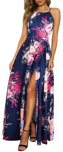 KILIG Maxi Dresses for Women UK Summer Dress Halter Neck Wedding Guest Elegant Long Dress Floral Beach Sundress(Floral-H,Medium)