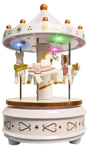 WEofferwhatYOUwant Karussell Spieluhr Weiß - Elegantes Pferde Karussell mit LED Licht Display - Spielt Beethovens Für Elise - Einfacher Mechanismus Lange Spieldauer - Tortendeko Geburtstag