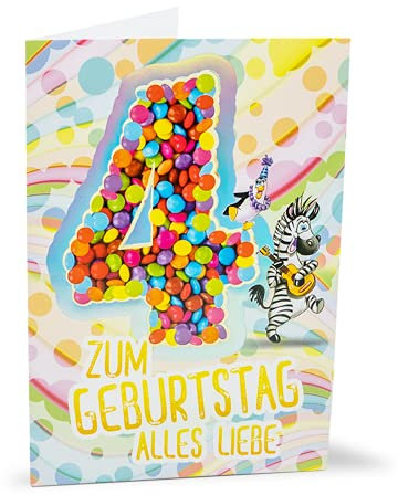 KE - Kindergeburtstagskarte 4 Jahre, Blanko DIN B6 Klappkarte inkl. Umschlag, Geschenk für Kindergeburtstag - Motiv Geburtstagskarte