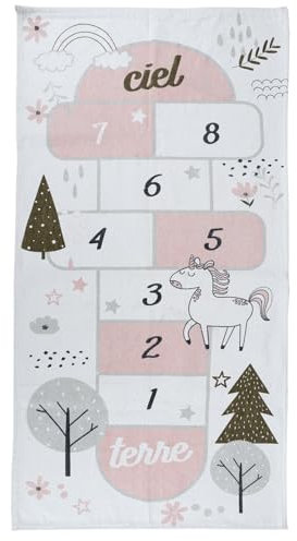 HOME DECO KIDS Tapis Marelle 140 X 70 Cm Enfant Deco Chambre Textile Decoration, Blanc-gris-rose, 70.00 x 140.00 x 0.50