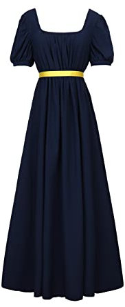 FRIUSATE Regency Dresses, Vintage Dress, Regency Dresses for Women with Sash Empire Waist Ruffled Puff Sleeve Long Dress for Parties, Weddings and Gala(S Navy)
