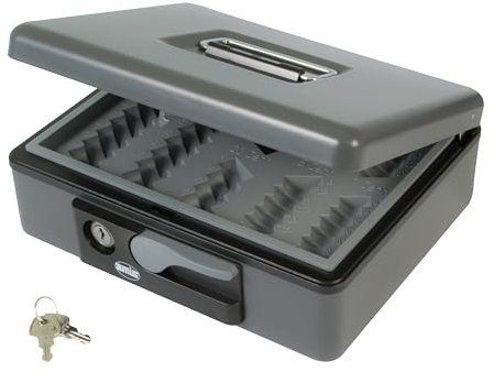 Amig - Caja de caudales | Caja de seguridad para dinero, billetes y monedas | Con bandeja portamonedas y 2 llaves | Color Gris | Acero | 230 x 185 x 80 mm