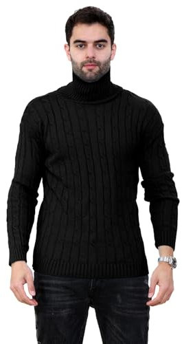 janisramone Mens Boys Cable Knitted Turtle Polo Neck Jumper 3/4 Sleeve Casual Winter Warm Sweater Pullover Black